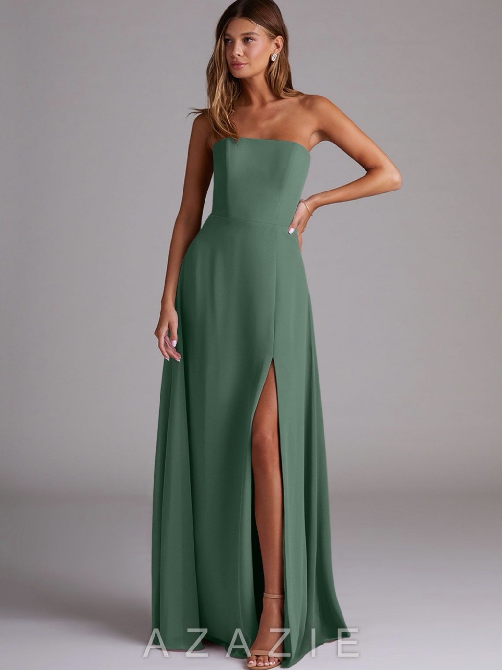 Azazie Wren Eucalyptus Chiffon Dress Size A8 - Hemmed